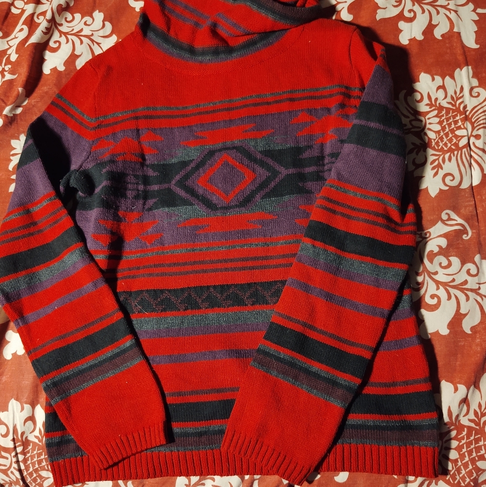 Ralph Lauren Red, Purple & Black Patterned Turtleneck Sweater